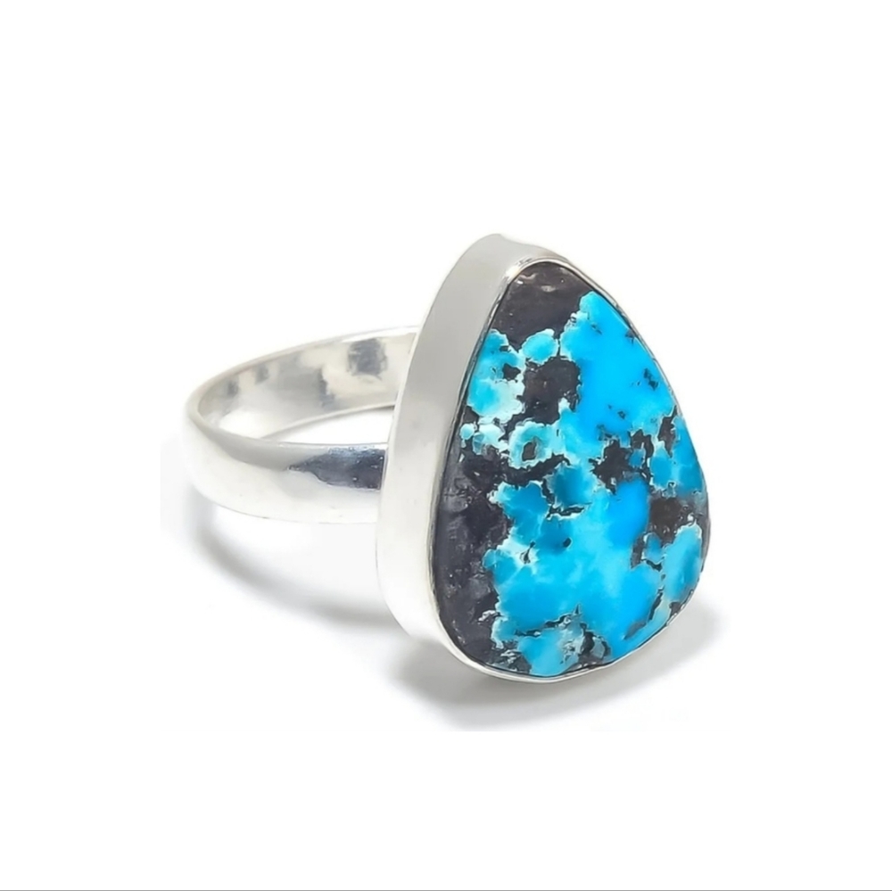 Handcrafted Natural Tibetan Turquoise Set into 925 Silver Bezel Set Ring, NWT